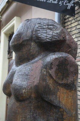 Detail of the sculpture - its right side; close-up on the bust and face profile; part of the locks of hair designed as wavy - the material taken off by the bold work of the chisel; cracks are visible on the entire surface of the sculpture - the effect of wood ageing.