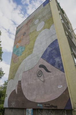 Zdjęcie pionowe przedstawiające mural pokrywający ścianę boczną budynku wielomieszkaniowego. Na żółtym tle zostały umieszczone w rogach dwie twarzy ludzkie – rdzennego mieszkańca Ameryki Północnej oraz przedstawiciela rasy białej. Są one ustawione do widza swoimi profilami i utrzymują ze sobą kontakt wzrokowy. Całość kompozycji jest wielobarwna, utrzymana w przygaszonej tonacji, zaś styl ukazania postaci nasuwa skojarzenie ze sztuką filmu rysunkowego z lat 60. XX wieku.