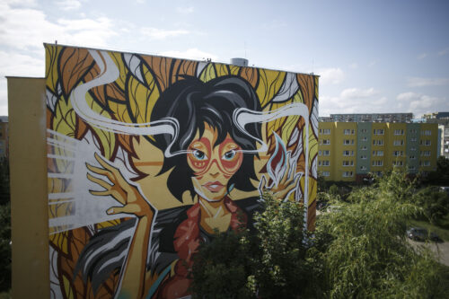 Zdjęcie poziome przedstawiające boczną ścianę wielokondygnacyjnego budynku mieszkalnego, której powierzchnia została pokryta muralem z przedstawieniem ludzkim, którego stylistyka nawiązuje do sztuki komiksu, Postać kobiety została przedstawiona w sposób odrealniony, jednak jej budowa ciała jest zgodny z anatomią ludzką. Całość utrzymana jest w ciepłej, nasyconej kolorystyce, zdominowanej przez różne odcienie brązów i żółcieni. Postać kobiety ustawiona jest „en face” do widza i nawiązuje z nim bezpośredni kontakt wzrokowy.