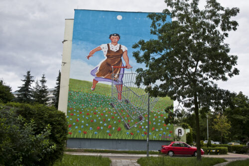 Zdjęcie poziome przedstawiające boczną ścianę wielokondygnacyjnego budynku mieszkalnego, której powierzchnia została pokryta muralem z przedstawieniem ludzkim. Postać kobiety została przedstawiona w sposób nieznacznie odrealniony –wyraźnie nawiązuje ono do komunistycznych plakatów propagandowych. Idzie ona uśmiechnięta z wózkiem sklepowym przez kwiecistą, zielona łąkę na tle błękitnego nieba. Całość ma jasną, czystą, nasyconą kolorystykę.