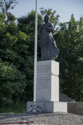 Zdjęcie pionowe przedstawiające rzeźbę w przestrzeni miejskiej. Figura mężczyzny została oddana w sposób realistyczny, a draperie sutanny, w którą jest on ubrany układają się zgodny sposób z anatomią. Postać stoi wyprostowana i patrzy pewnie przed siebie. W swojej prawej dłoni trzyma krzyż na wysokości klatki piersiowej, zaś wskazującym palcem lewej dłoni, na niego wskazuje. Rzeźba została umieszczona na wysokim, prostopadłościennym postumencie, na którego jednej ze ścian zostały wyryte napisy upamiętniające błogosławionego księdza Franciszka Rogaczewskiego.