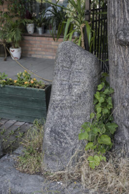 Zdjęcie pionowe ze zbliżeniem na jasnoszarą, kamienną bryłę ustawioną u podstawy drzewa. Na jednej z jej ścian zostały wyryty prawdopodobnie ośmioramienny krzyż prawosławny lub sześcioramienny krzyż rosyjski.
