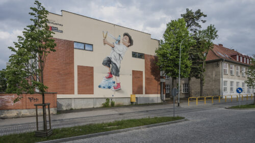 zdjęcie poziome ukazuje fragment drogi i z ukosa ścianę budynku, na któym namalowano mural. realistycznie przedstawiony został chłopiec ubrany w białą koszulę, krótkie spodnie i czerwone trampki, chłopiec strzela z procy, w której pociskiem jest zgnieciona plastikowa butelka, a pod stopami ma inne plastikowe butelki.