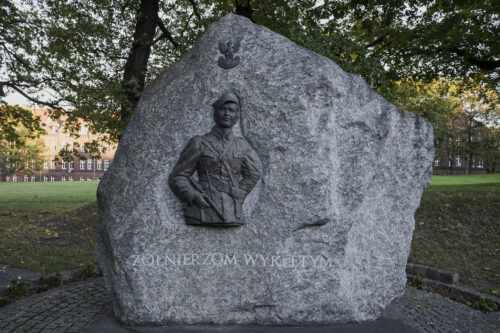 Zdjęcie poziome ukazuje pomnik w formie głazu, na którym po lewej stronie umieszczono płaskorzeźbę torso żołnierza, a powyżej polskie odznaczenie wojskowe z orzełkiem.