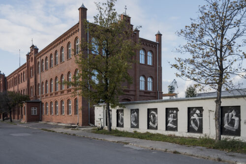 Zdjęcie przedstawia niski budynek pomalowany na biało, którego okna zasłonięto czarną dyktą, na których namalowano litery alfabetu krojem pisma przypominającego gotyckie