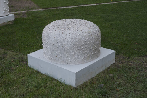 Niska rzeźba o chropowatej fakturze w kolorze białym, o kształcie wyoblonego walca na prostokątnej podstawie, umieszczona na trawniku.